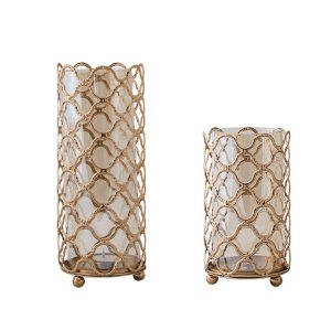 Hollow Out Glass Vase – Golden Geometric Metal Frame